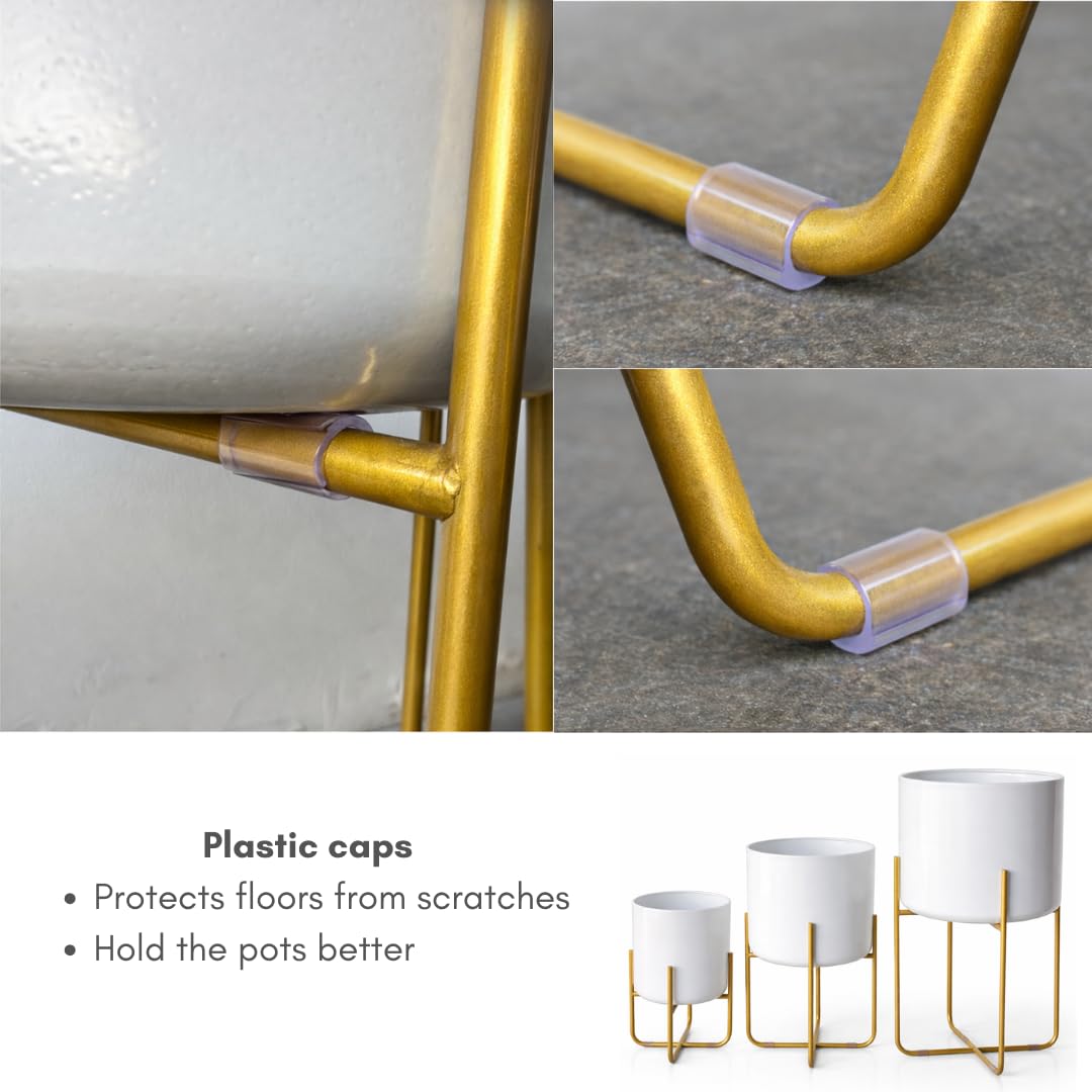 Kirpi Modern Planter Pots, Set of 2 Round White Planters with Gold Stand, Decorative Floor Planters, Metal Pots with Drainage Holes for Living Room, Office, Garden Balcony, 9 and 11 Inch Diameter