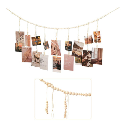 WIVKFML Hanging Photo Display with 18 Wood Clips, Boho Wooden Bead Wall Décor for Bedroom, Living Room, Dorm, Kids Art Picture Display