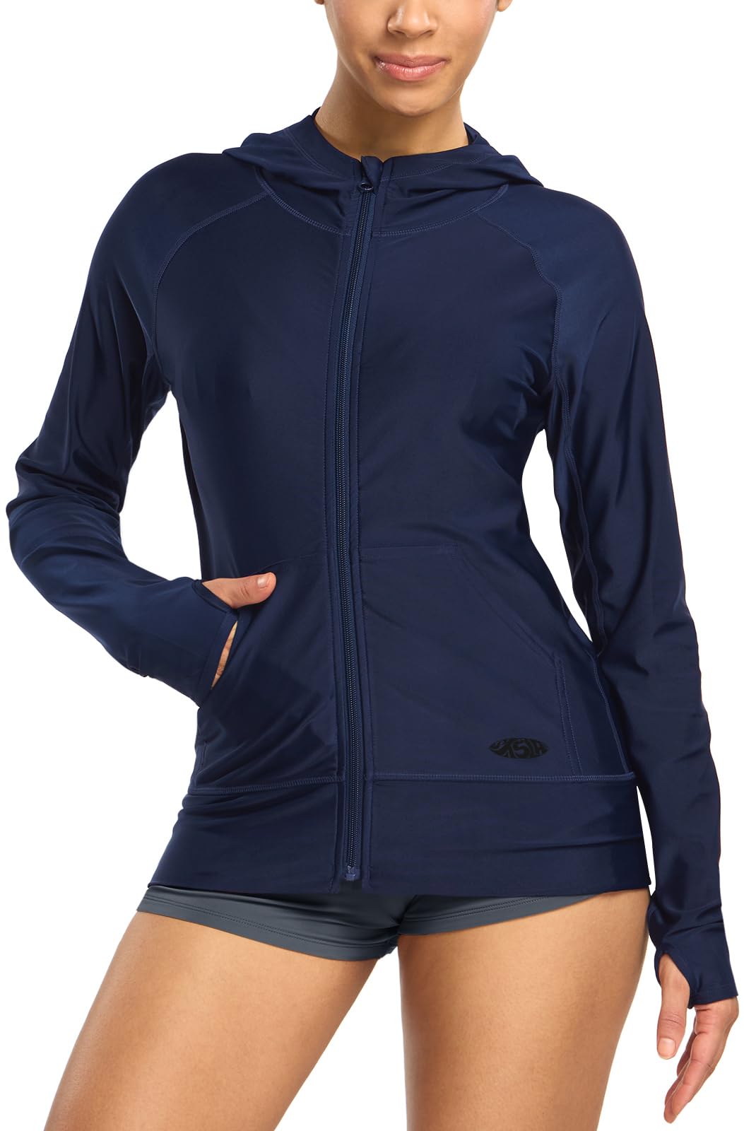 TSLA Women's Hoodie Zip Front Rash Guard, UPF 50+ Long Sleeve Swim Shirts, UV/SPF Sunscreen Wetsuit Swimsuit Top, Flow Navy, X-Small