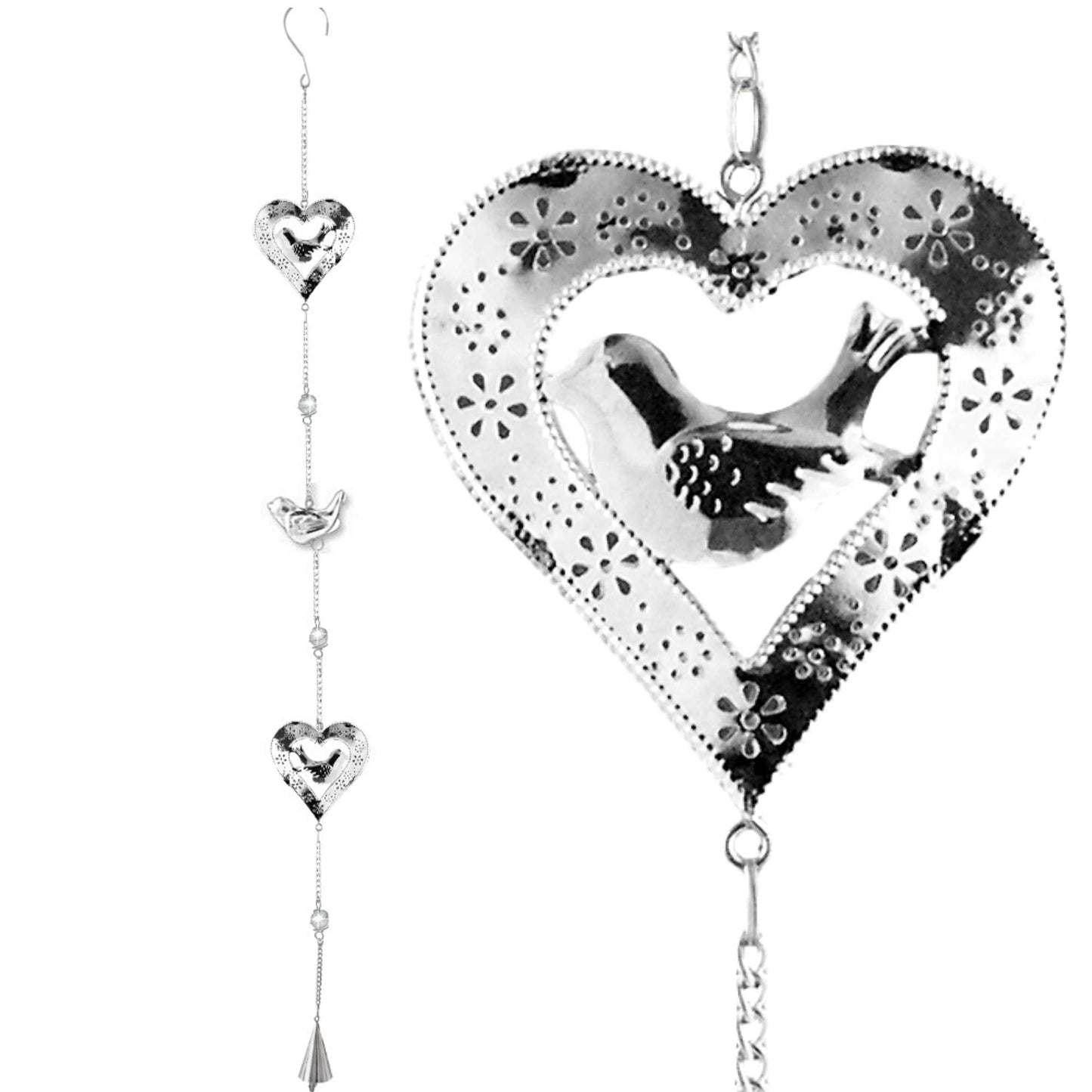 Hanging Garden Decor Hearts and Birds Mobile, Silver Filigree Outdoor Decoration with Glass Marbles and Bell Chime, 38 Inch Metal Wind Chime Mobile for Patio, Porch, Yard, Balcony, Garden Gift