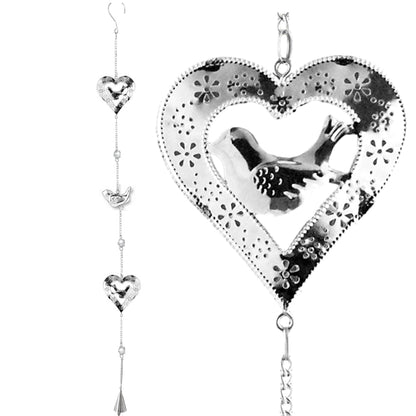 Hanging Garden Decor Hearts and Birds Mobile, Silver Filigree Outdoor Decoration with Glass Marbles and Bell Chime, 38 Inch Metal Wind Chime Mobile for Patio, Porch, Yard, Balcony, Garden Gift