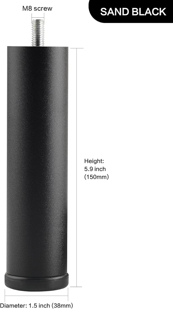 Metal Cylinder Legs for Furniture Set of 4 Pack Black 6 Inch Bed Support Legs