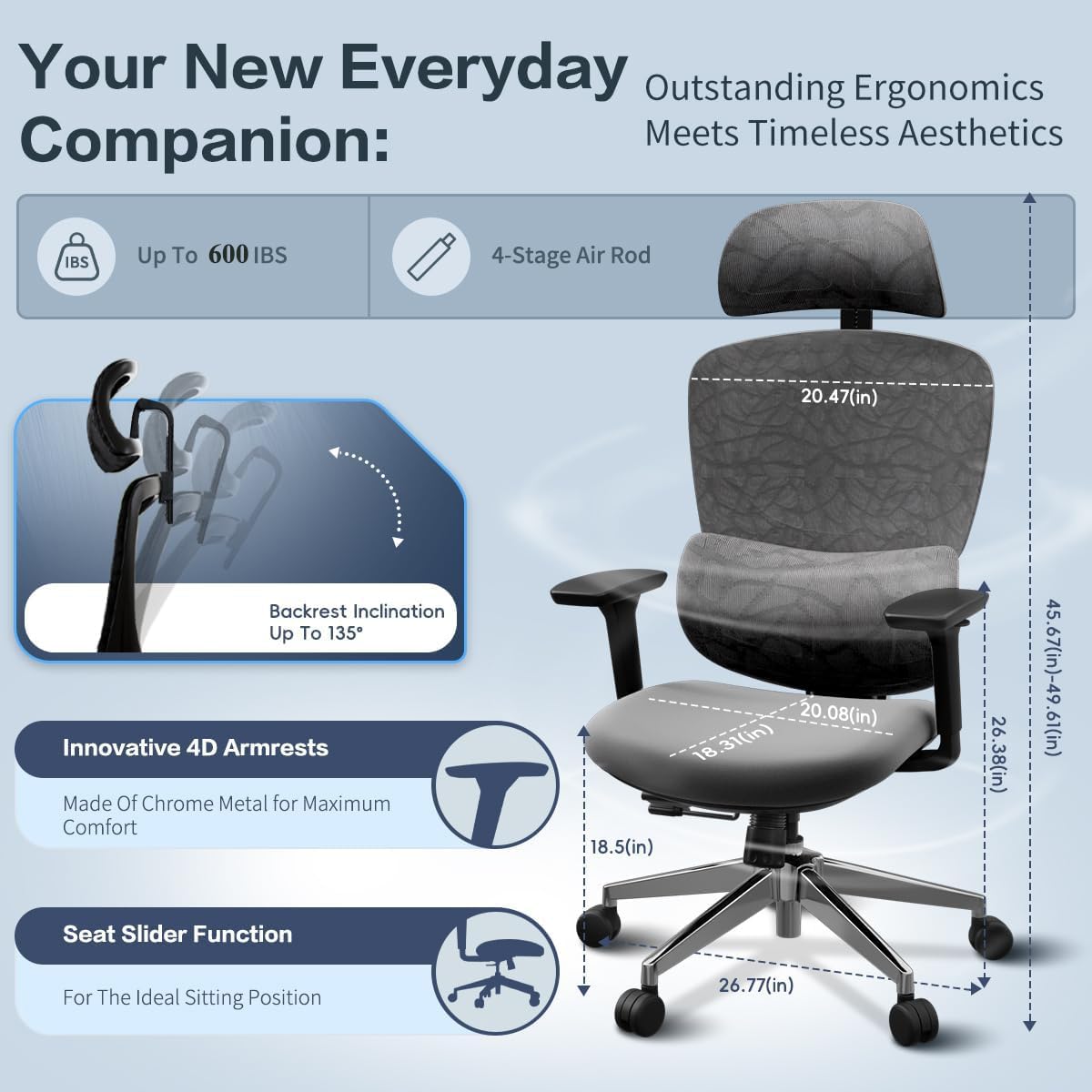 Jacia House Grey Ergonomic Mesh Home Office Chair, Big & Tall Gaming Chair - High-Adjustable Lumbar Support, 4D Armrests, 2D Headrest, 90°~135° Tilting with Lock, Swivel Desk Chairs 600lb Capacity