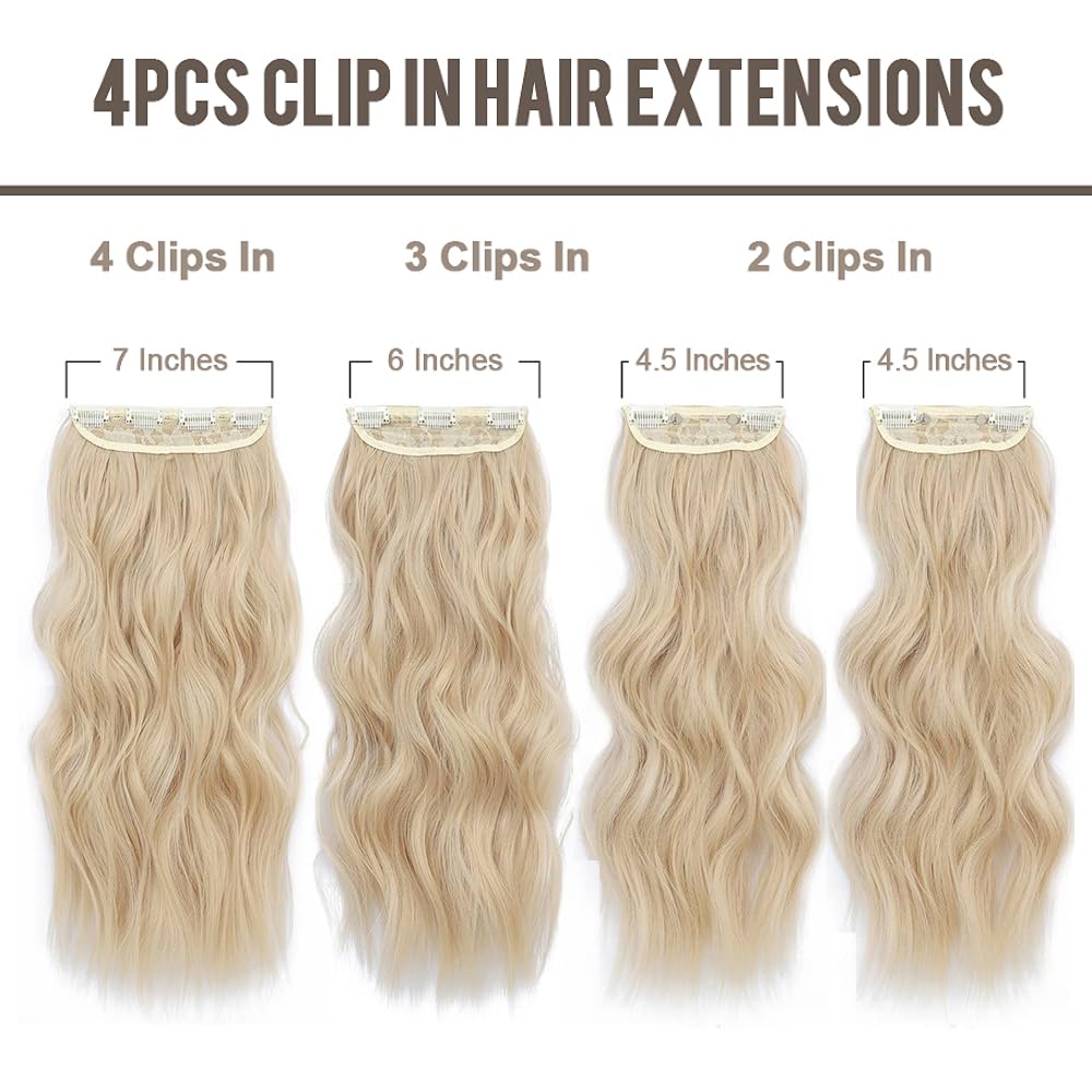 Hair Extensions Clip in 4pcs Bleach blonde Hair Extension Long Wavy Full Head Clip in Hair Extension Synthetic Fiber Hair Pieces for Women