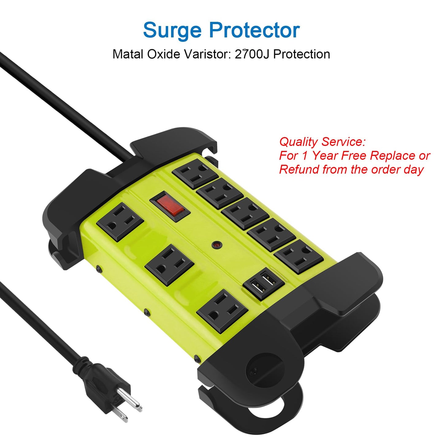 Heavy Duty Power Strip with USB, Workshop 8 Outlet Surge Protector 2700 Joules, Industrial Metal 15Amp Power Strip, 6FT Extension Cord and Wide Spaced. Yellow