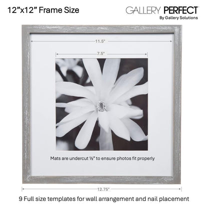 GALLERY PERFECT 12x12 Picture Frames, 9 Piece Set with Real Glass Cover for 8x8 Photos With Mat, Picture Frames Collage Wall Decor for Gallery Wall, Home Decor, Grey