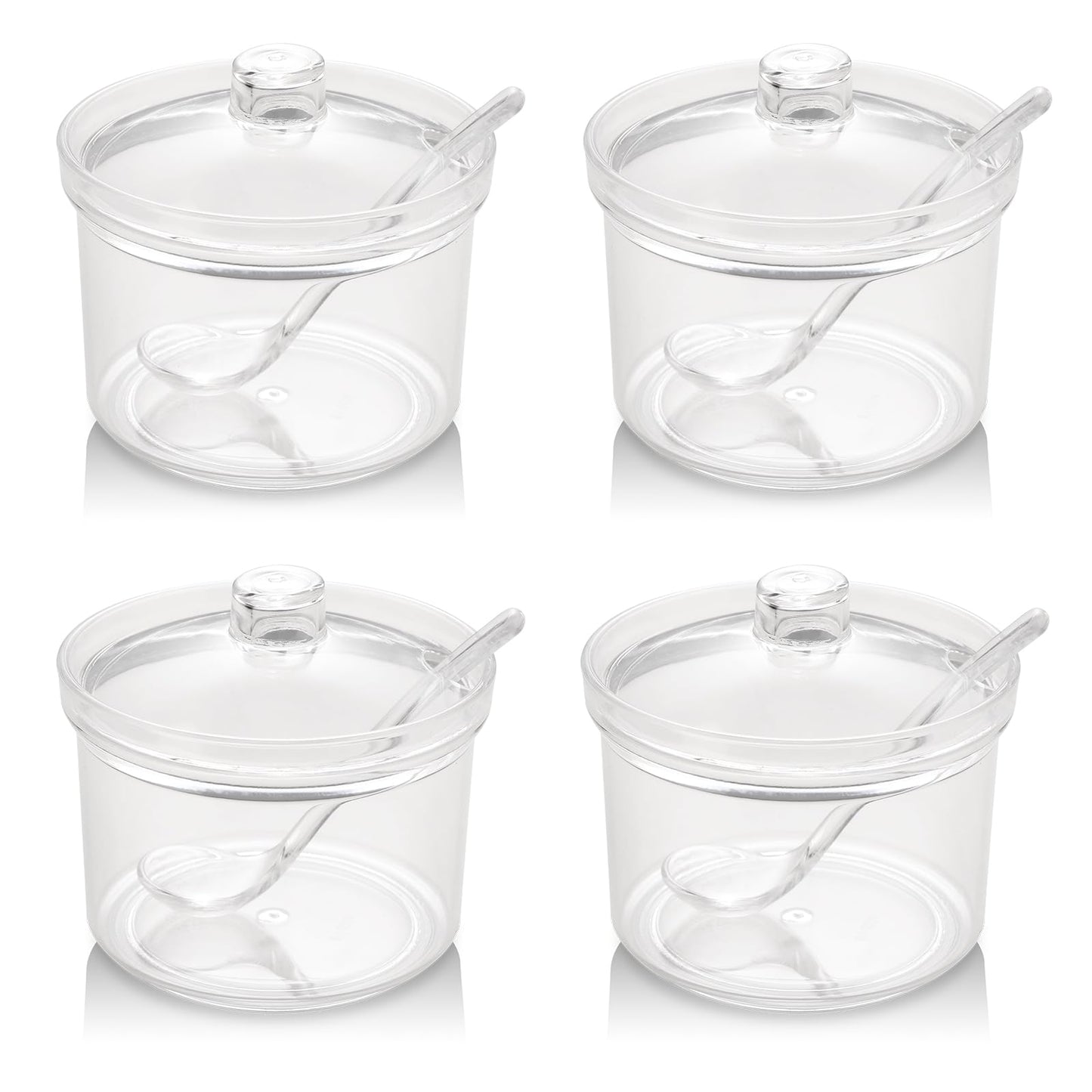RAMFIYN Set of 4 Acrylic Sugar Bowl with Lid and Spoon, Clear Sugar Jar with Lid And Spoon, Cute Jars for Sugar, Salt, Tea, Condiment Server- 13oz