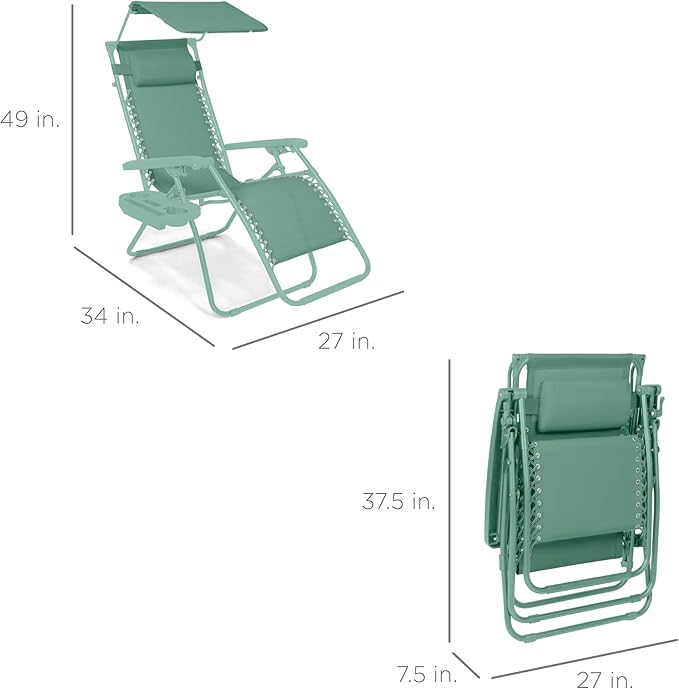 Best Choice Products Folding Zero Gravity Outdoor Recliner Patio Lounge Chair w/Adjustable Canopy Shade, Headrest, Side Accessory Tray, Textilene Mesh - Seafoam