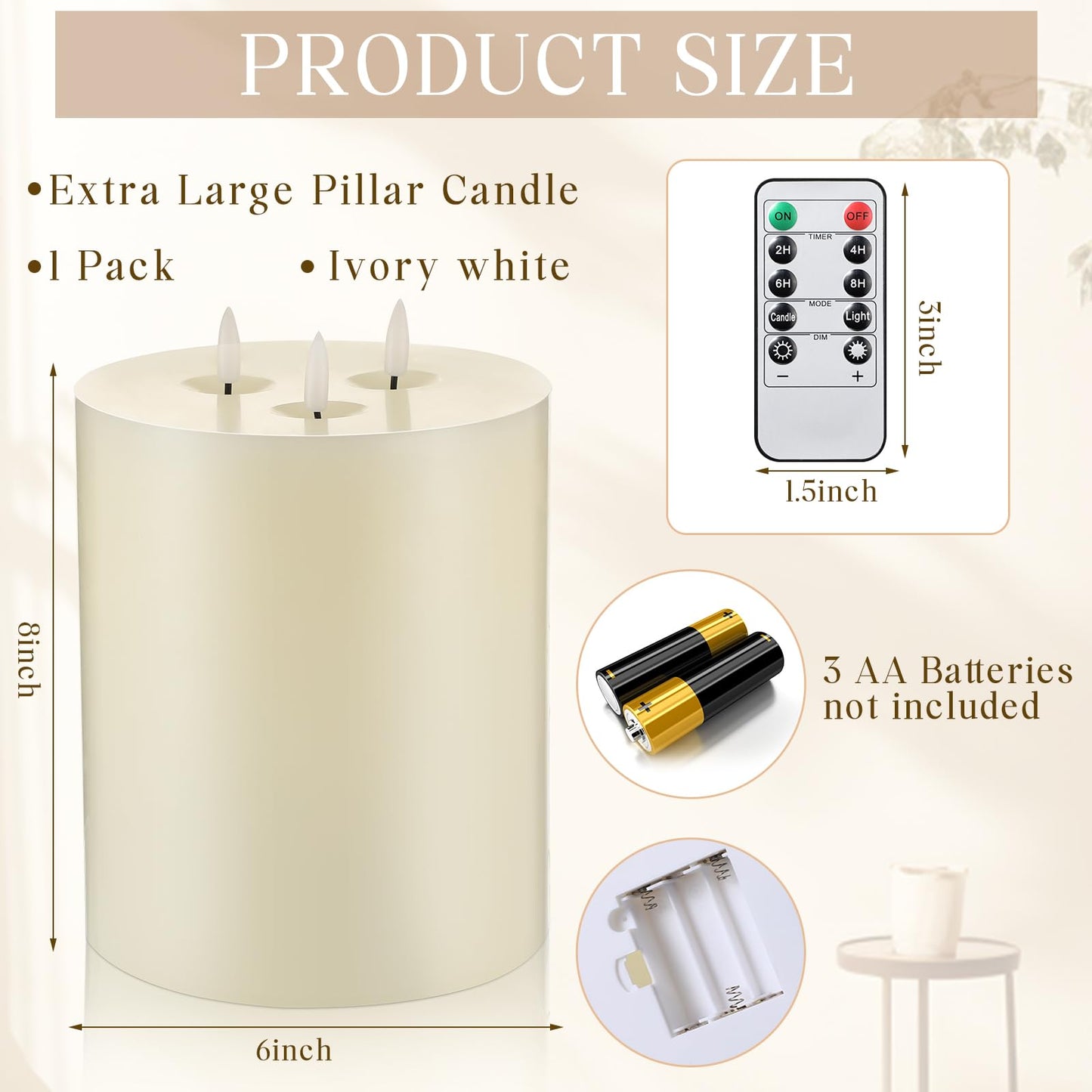 Retisee Extra Large Flameless Candles LED Battery Operated Real Wax 3 Wicks Flickering Pillar Candle with Remote Control Timer for Home Wedding Christmas Party Decoration (Ivory,6'' X 8'')