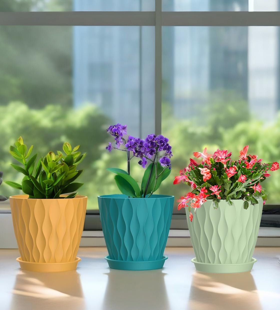 SQKH 4 Inch Plant Pots, 6 Pack Indoor Flower Pots, Planters with Drainage Holes and Trays for Orchids, Violets, Succulents, Herbs, and Other Plants,Corolful