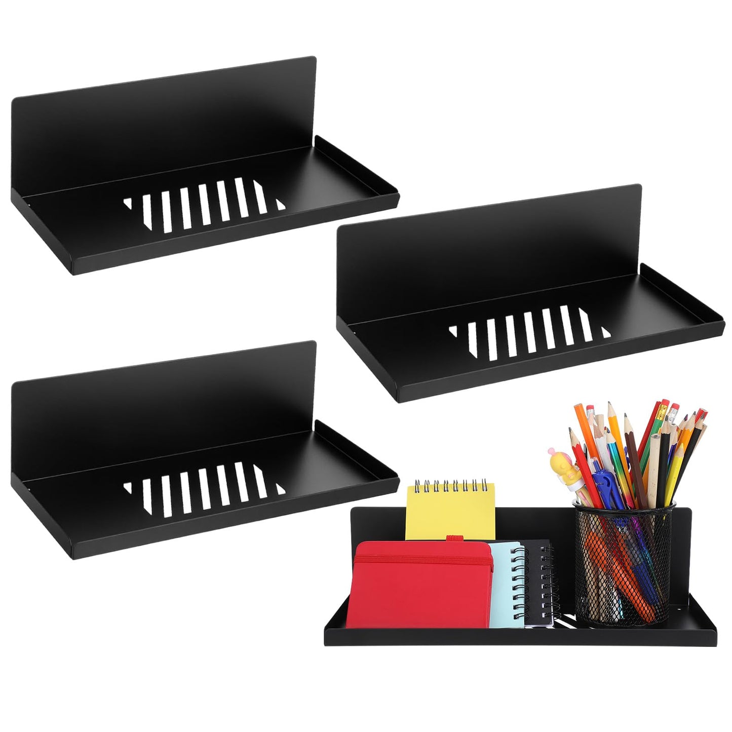 Xaajooio 4 Pack Black Magnetic Shelves Organizer, 12x4.8x3.6 Inch Heavy Duty Steel Pegboard Spice Rack Tray for Kitchen Refrigerator Cabinet Whiteboard Office