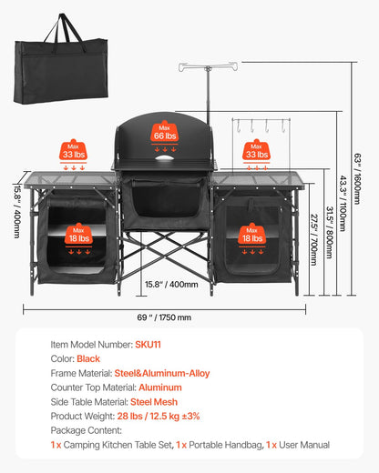 VEVOR Camping Kitchen Table, Outdoor Camp Cooking Table, Aluminum Portable Cook Station with 3 Storage Cupboard, Carrying Bag, Detachable Windscreen, Quick Set-up for BBQ Party Picnic RV Travel, Black