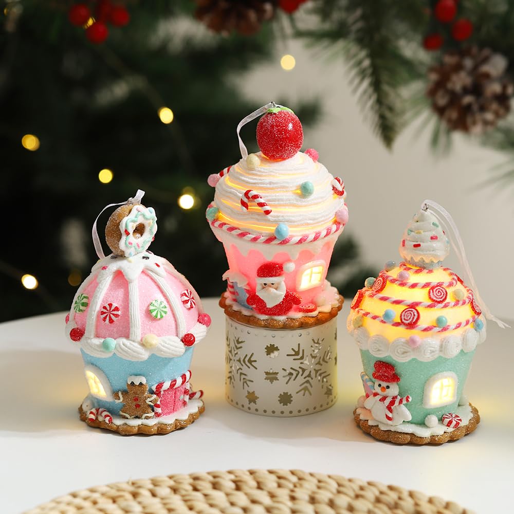 3Pcs Macaron Gingerbread House Ornaments for Christmas Tree, Lighted LED Clay Candy House Hanging Ornaments with Rope for Xmas Holiday Party New Year Home Decor
