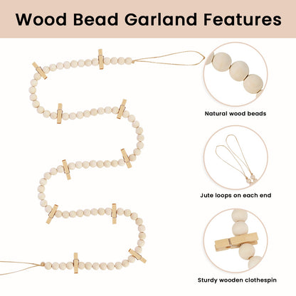 Hanging Photo Display with Clips, Boho Wooden Bead Garland Collage Picture Frame Wall Decor, Photo String with 10 Clips for Bedroom Room Dorm Cubicle Decor, Christmas Teen Girls Gifts , 3 Pack
