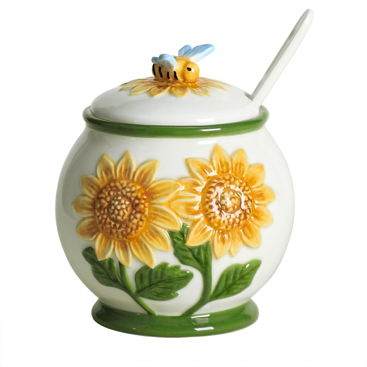 WAIT FLY Embossed Sunflower and Bee Ceramic Sugar Bowl with Lid and Spoon, Sugar Container, Sugar Jar for Kitchen Countertop, Coffee Bar-A