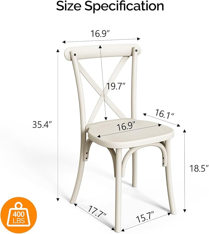 VINGLI Plastic Outdoor Dining Chairs Set of 4, Stackable Patio Cream White Dining Chairs with X Back, Waterproof Kitchen & Dining Room Chairs for Indoor-Outdoor, Capacity 400 lbs