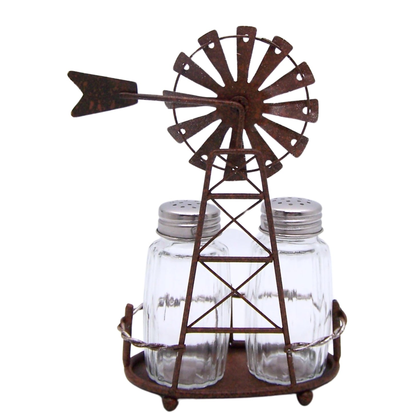 Windmill Salt and Pepper Set Holder, Unique Rustic Décor, Shakers Included, 6.5 Inches