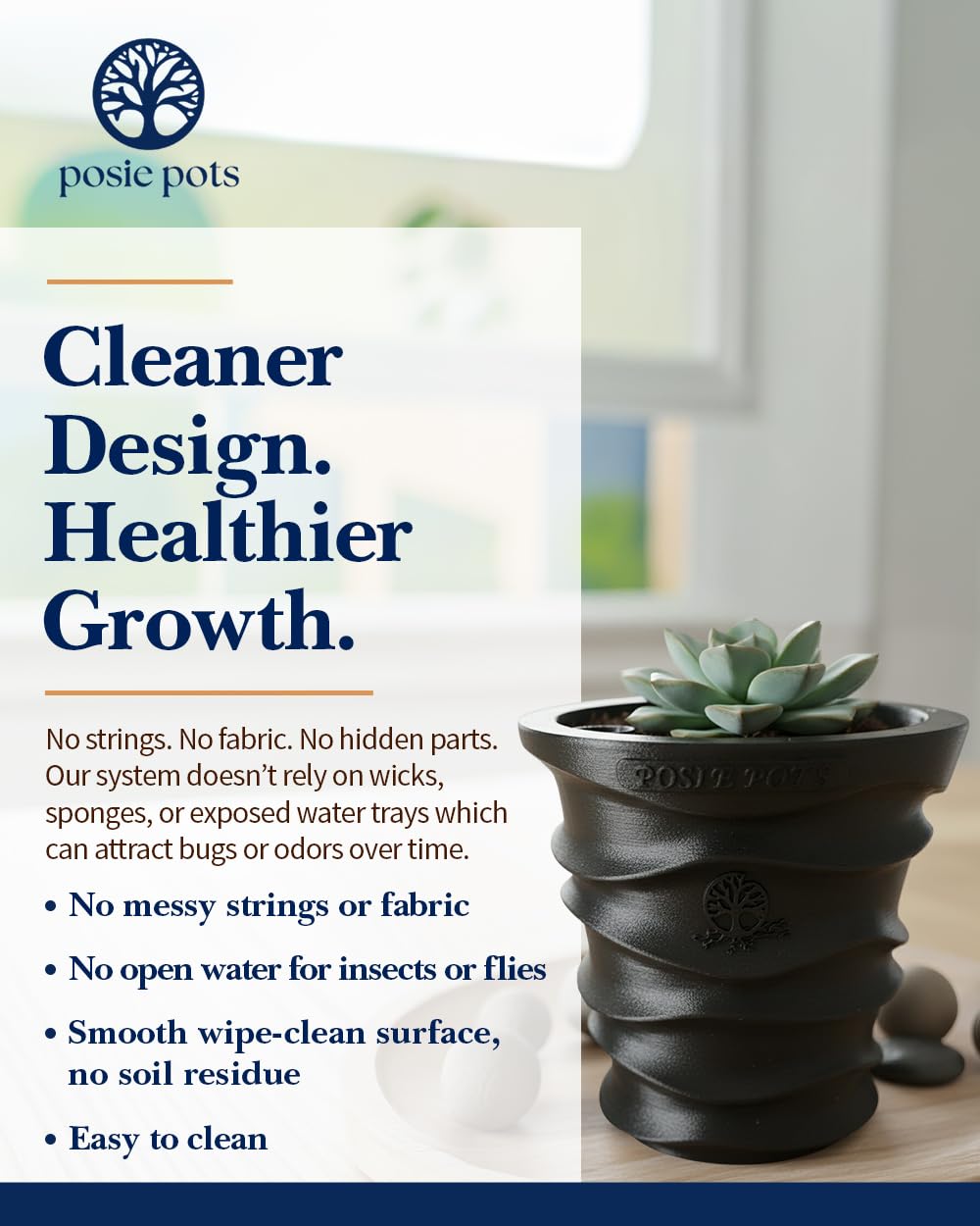 Posie Pot Medium Wave Self Watering Planter for Indoor Plants - 5x5 Inch Patented Pot with 10X Water Reservoir - Modern 3D Printed Desk Planter - Root Rot Free - Eco Friendly, Made in USA, Black