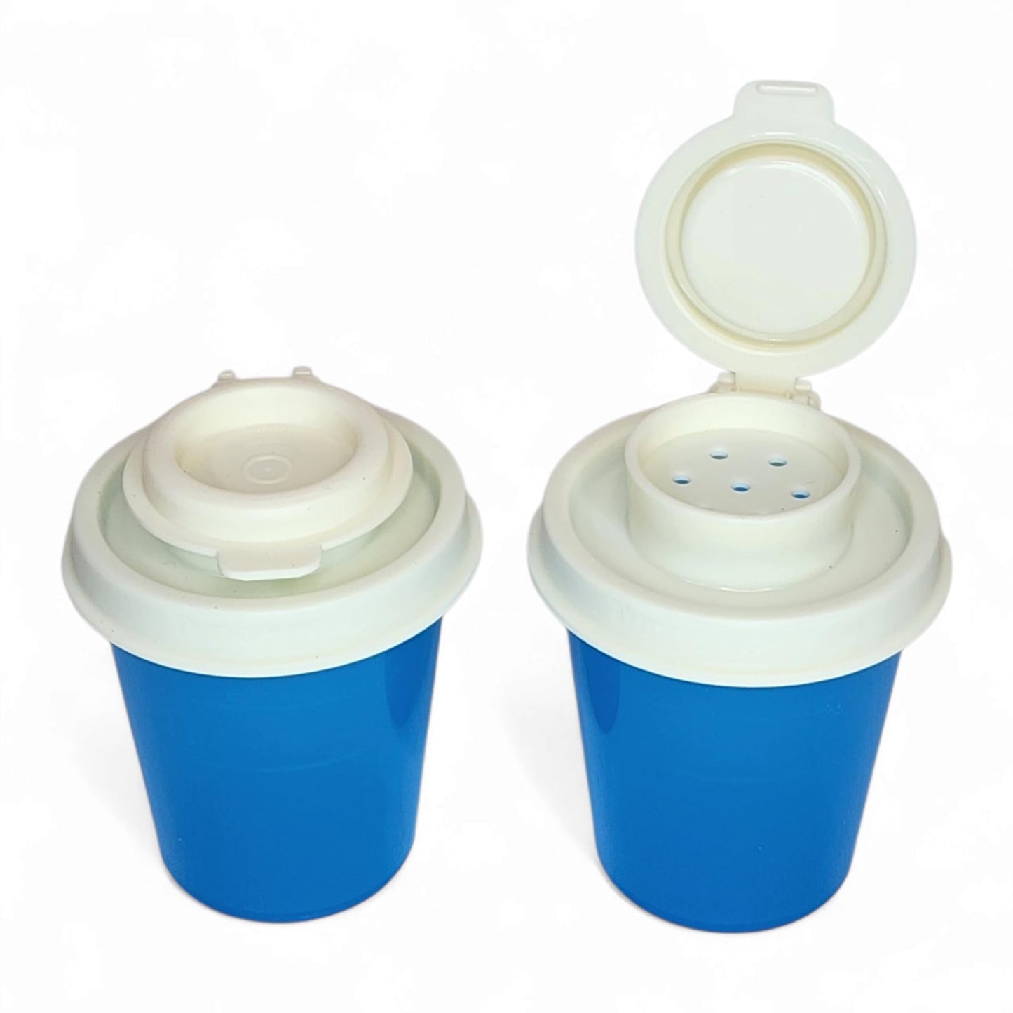 Tupperware Mini Salt and Pepper Shakers Set of 2 Mini Midgets 2 oz Azure Blue with Cream Lids