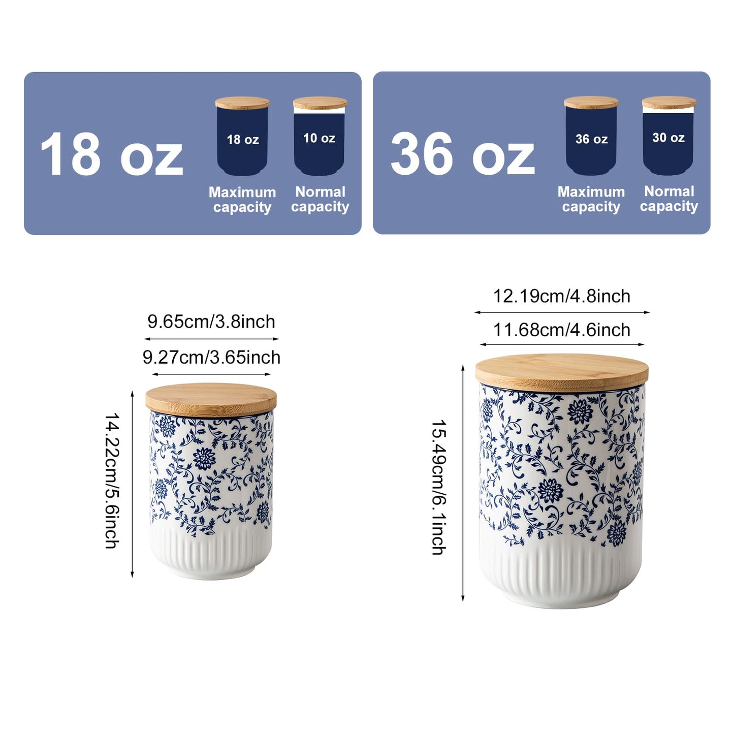 Cerkik Canisters Sets for the Kitchen - 2 Pcs 36/18 oz Ceramic Kitchen Containers for Countertop with Airtight Wood Lids - Flour and Sugar Containers for Coffee Tea Spice Beans Cookie Jars - Blue