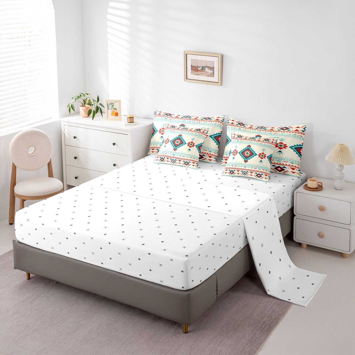 Erosebridal Aztec 7 Piece Bedding Set Queen Geometric Comforter Set with Sheets Diamond Boho Tribal Striped Art Bed in a Bag Cartoon Southwestern Ethnic Style for Teens Men Women