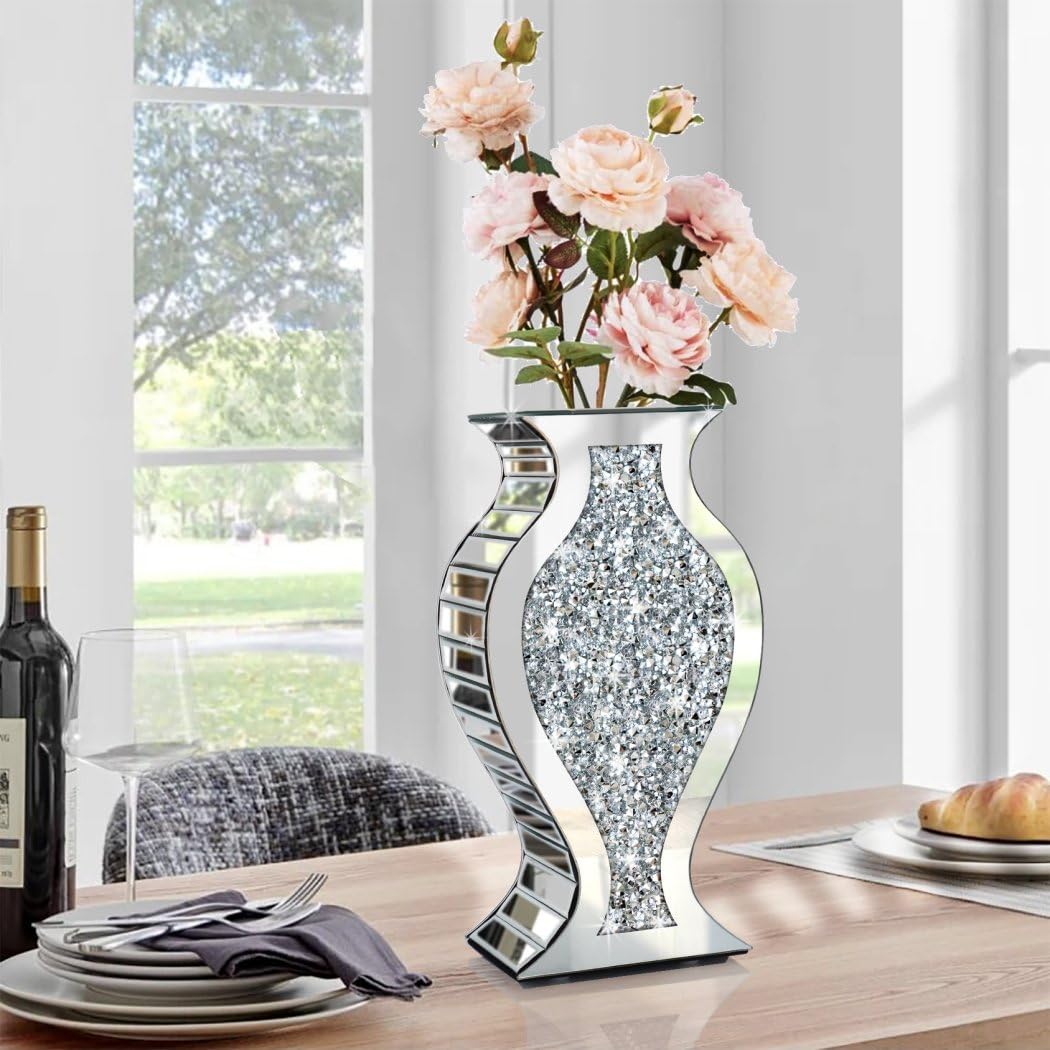 Crushed Diamond Mirrored Vase 15" S-Curve Silver Sparkle Decor Centerpiece