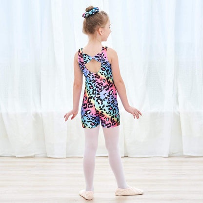 JESKIDS Leotards for Girls Gymnastics with Shorts Dance Biketards Tumbling Matching Hair Scrunchie Leopard 3-4 Years