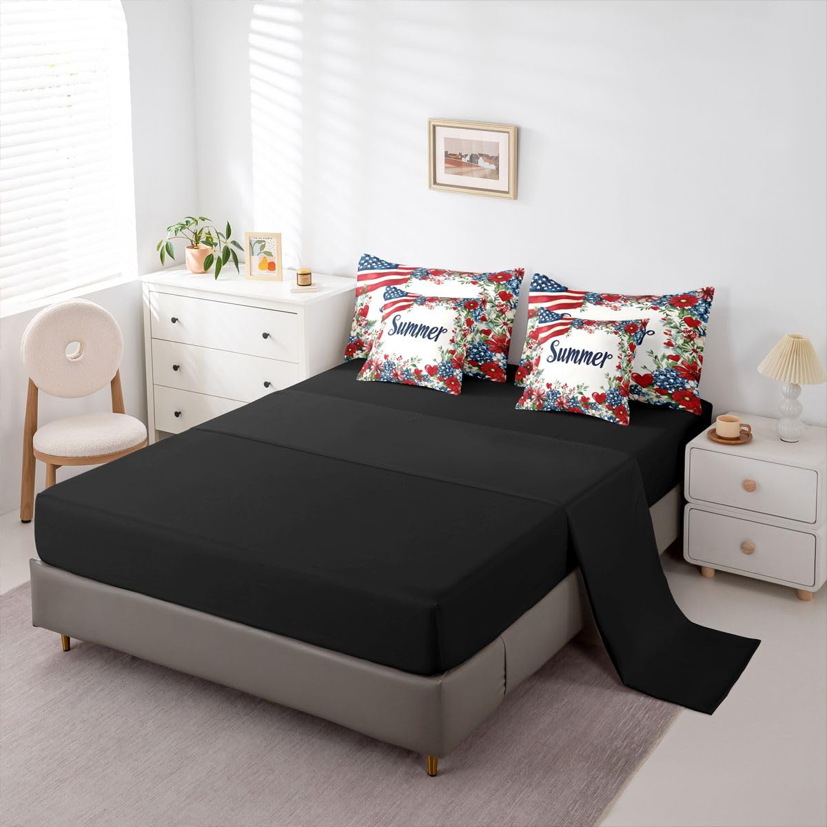 Erosebridal American Flag Queen Bedding Set Patriotic Floral Comforter Set with Flat and Fitted Sheet Kids Adults Summer Flower & Heart 7-Piece Bed in a Bag Fourth of July Art Quilt Sets