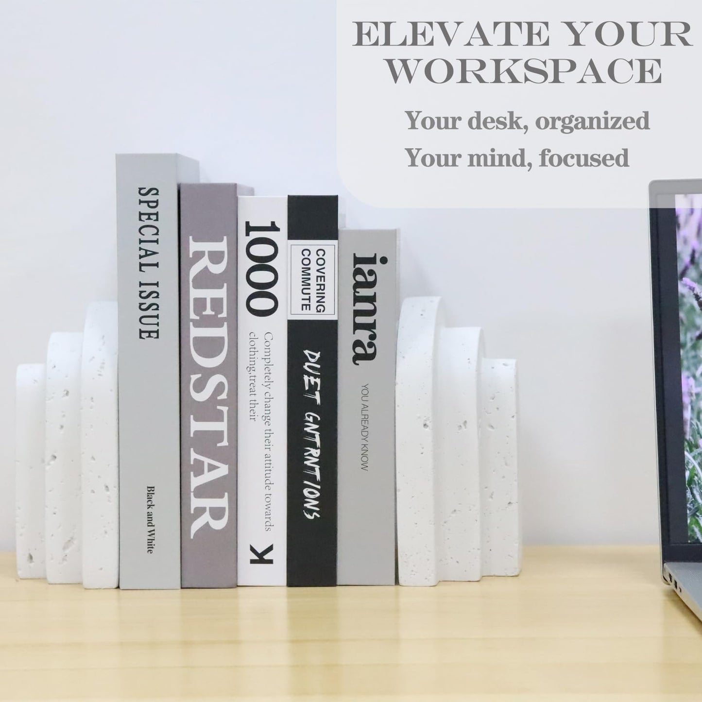 Iemegumi Decorative Book Ends for Shelves - Boho Aesthetic Bookends Decor - Heavy Duty Travertine Book Stopper Holder for Home Office Desk Coffee Table, Gifts for Book Lovers (White)