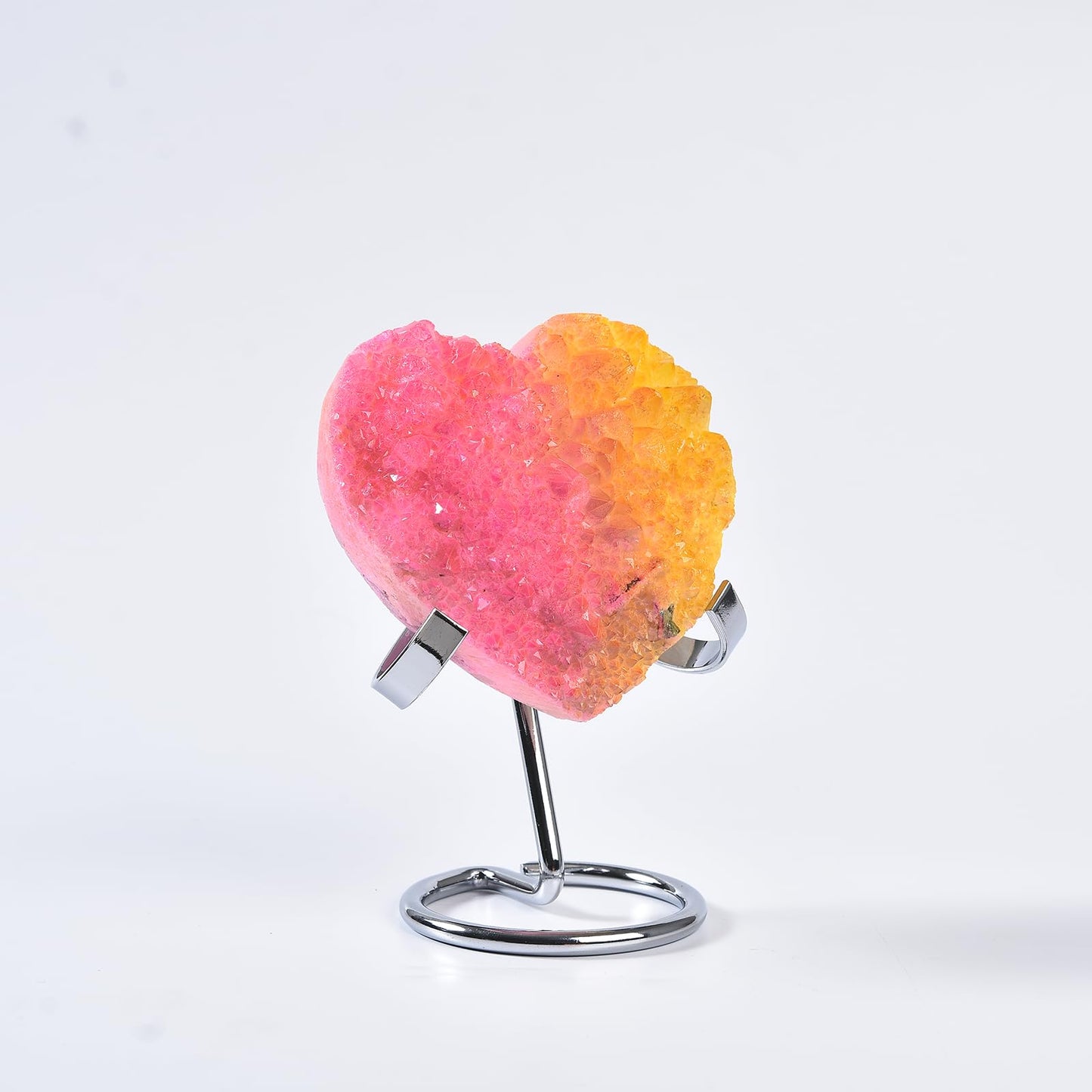 JIC Gem Pink Yellow Titanium Coated Large Heart Crystal Cluster Geode Healing Crystals Heart Shaped Rocks with Crystal Display Stand Home Decor Reiki Meditation 3.14-3.54 inch