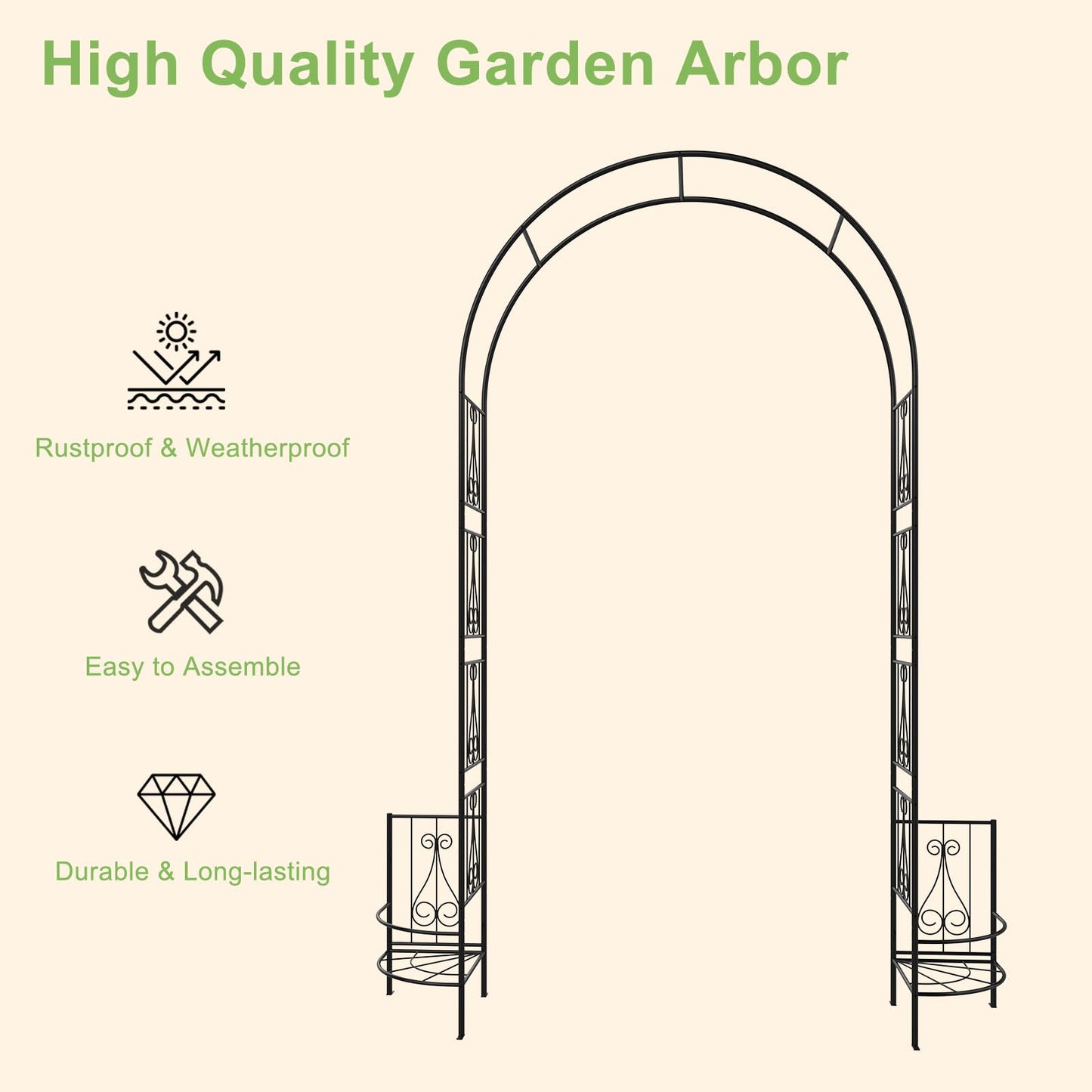 OUSHENG 8FT Metal Garden Arch Trellis with Planter Boxes for Climbing Plants Outdoor, Heavy-Duty Wedding Arch Backdrop Stand for Ceremony, Party, and Garden Decorations, Rust-Resistant Black Pergola