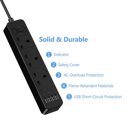 JSVER Extension Lead with 4 USB Ports Desktop Power Strip Smart Charging Station 3 Outlets USB Power Socket for Home Travel, Black