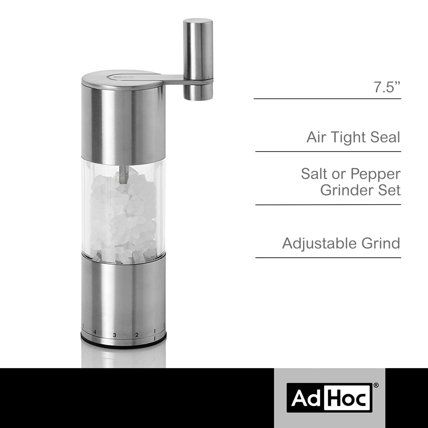 AdHoc Select Geared Salt or Pepper Grinder - Handy Seasoning Mill for Salt & Pepper - Manual Grinder with Ceramic Mechanism - Durable & Reliable Shakers