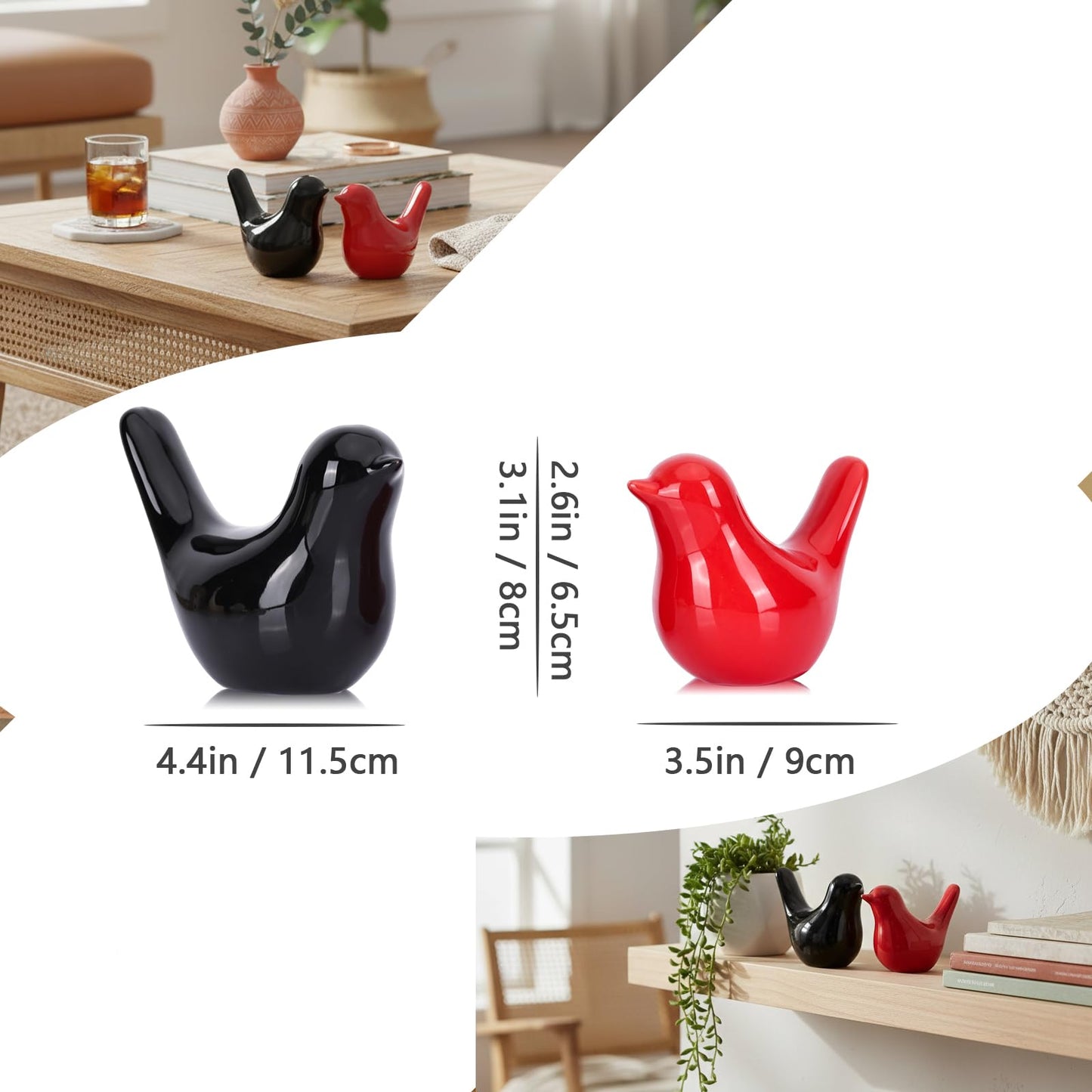 Small Ceramic Bird Statue and Sculpture for Home Decor Accents,Modern Animal Ornaments for Living Room,Bedroom,Coffee Table Centerpiece,Bookshelf,Cabinets,Cute Knick Knacks for Shelves (Black Red)