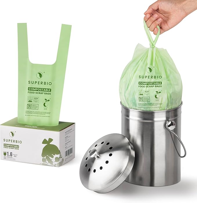 SUPERBIO 1.6 Gallon Handle Tie Compostable Food Scrap Bags