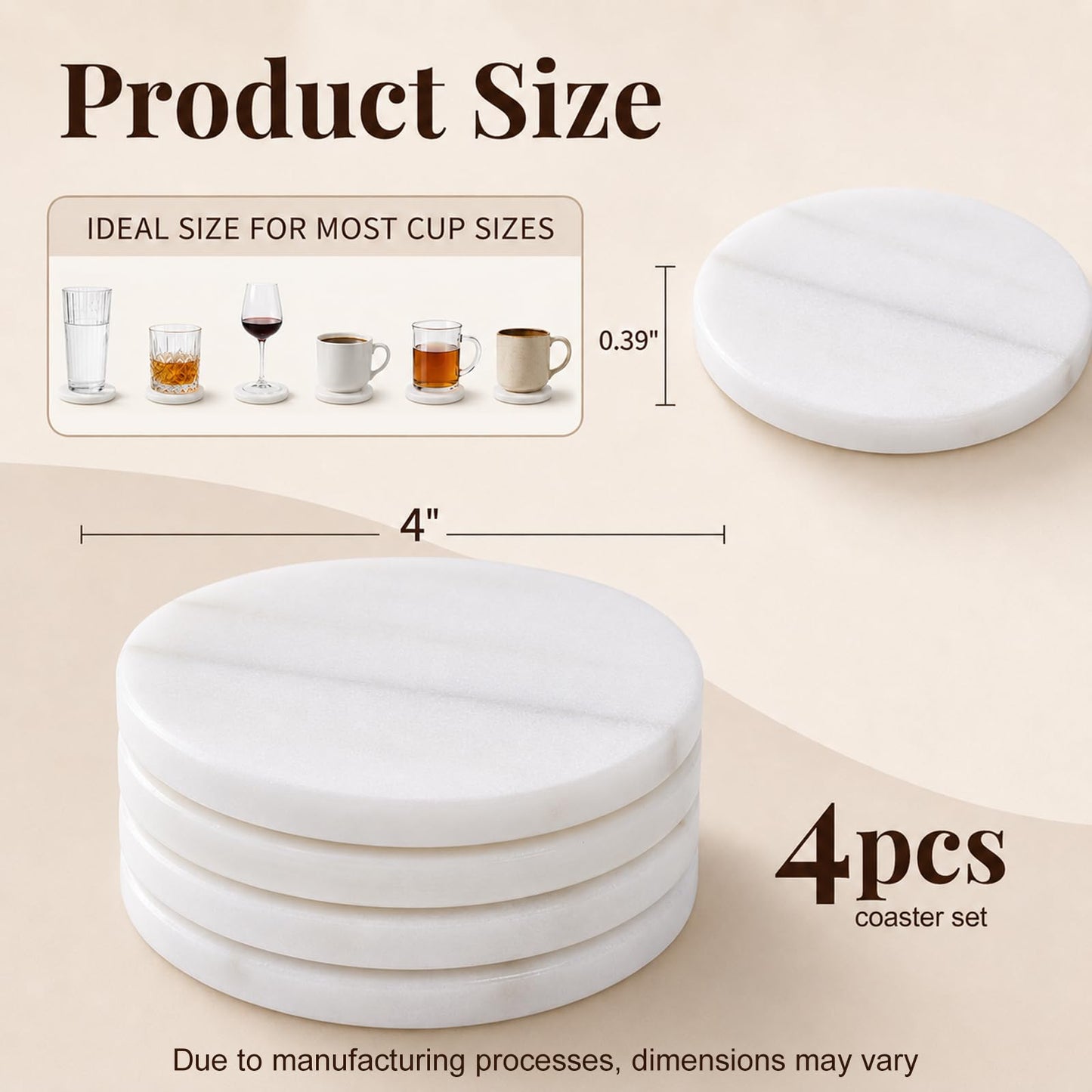 Marble Coasters Set of 4, 4-inch Round Natural Stone Drink Coasters with Non-Slip Backing, Heat Resistant Coaster for Coffee Bar Home Kitchen Decor, Ideal Housewarming Wedding Gifts(Arabescato)