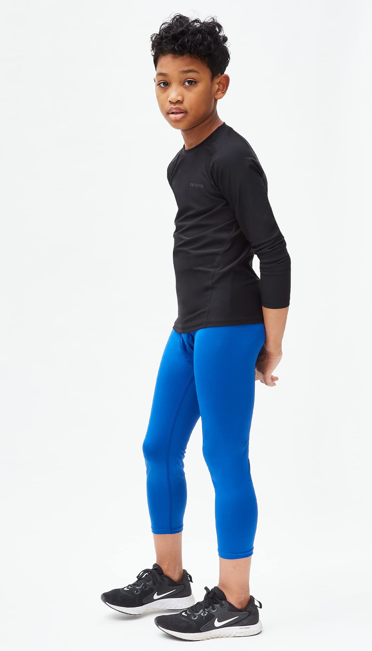 DEVOPS Youth Boys 3-Pack Compression Athletic Performance Baselayer Long Sleeve Shirts (X-Small, Black/Blue/Orange)