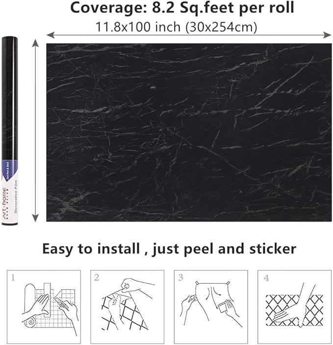 Arthome Black Marble, 11.8x100 Inches Peel and Stick Wallpaper, Marble Contact