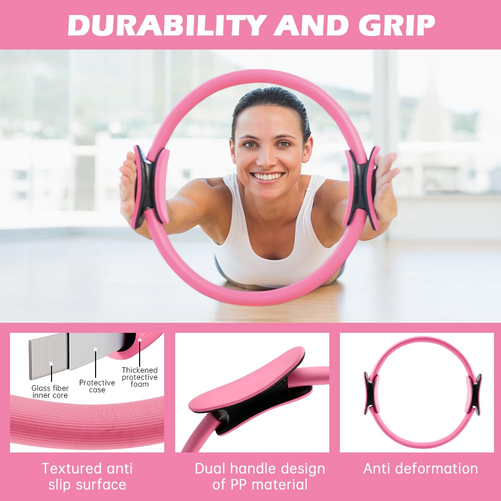 Yonderfume Pilates Essentials Kit for Women, 14 Pcs Home Workout Equipment with Pilates Circle Ball Ring Set Resistance Bands and Anti Slip Sock, Yoga Pilate Essentials Accessories(Color:Pink)