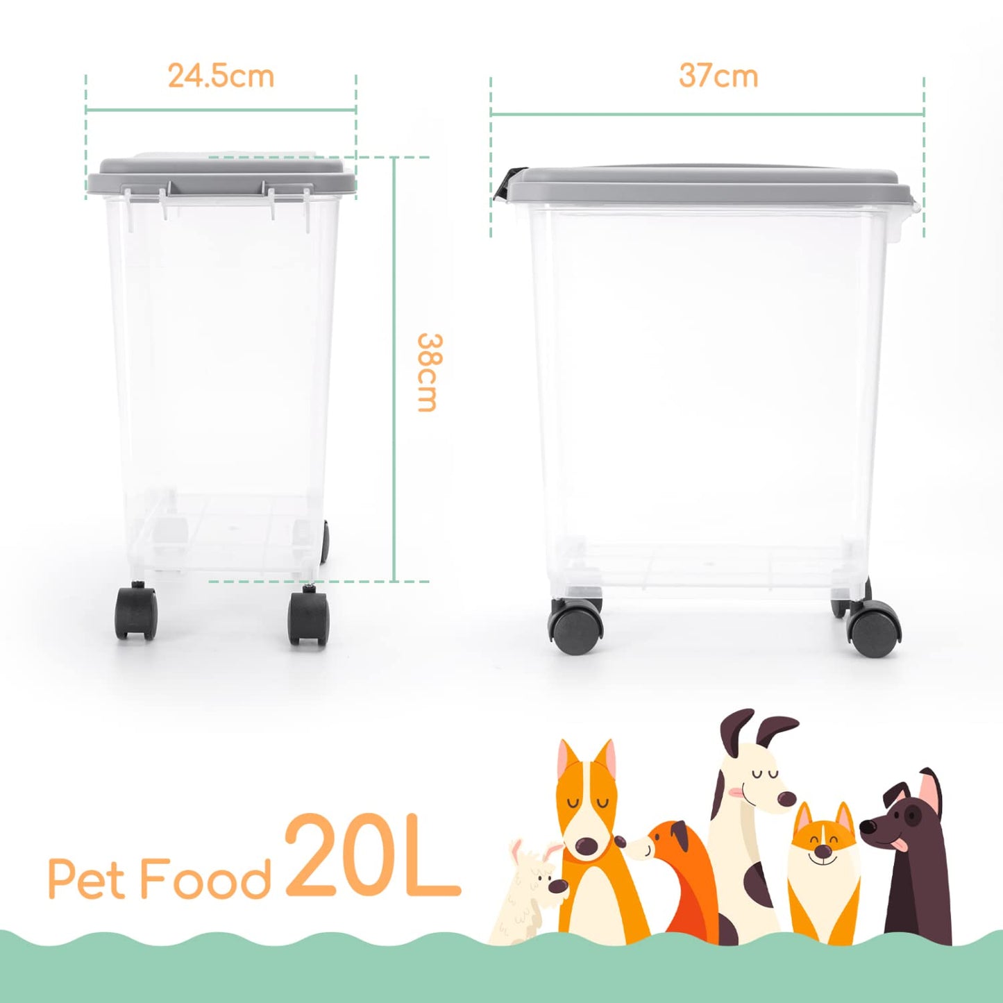 Nobleza Dog Food Storage, 20L/7.5KG Airtight Pet Food Storage Container with Wheels and Measuring Scoop, Safe & Eco, Flip-Up Lid Dog Cat Animal Dry Food Seed Dispenser Plastic Bin Large Transparent