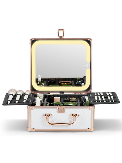Qislee Makeup Box with A Detachable Lighted Mirror, Waterproof Travel Train Case, Cosmetic Organizer and Makeup Suitcase with Adjustable Dividers, Magnetic LED Mirror(Bright White)