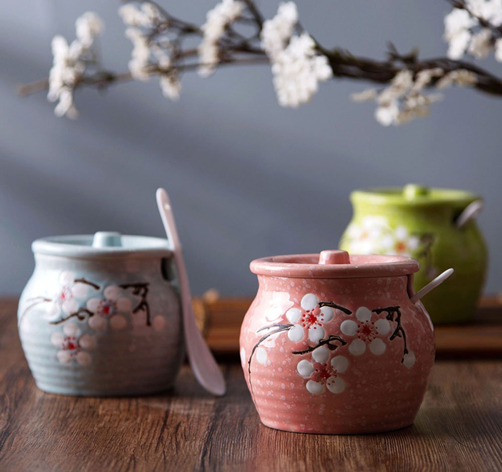 Ceramic Flower Sugar Bowl Seasoning Pot Salt Pepper Storage Jar