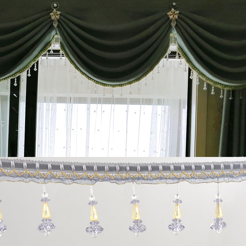 Kuasting 6.5 Yards Braid Hanging Ball Tassel Fringe Trim Bead Sewing Trim Fringe Acrylic DIY Craft Sewing Accessory for Home Curtain Decoration (Gray)