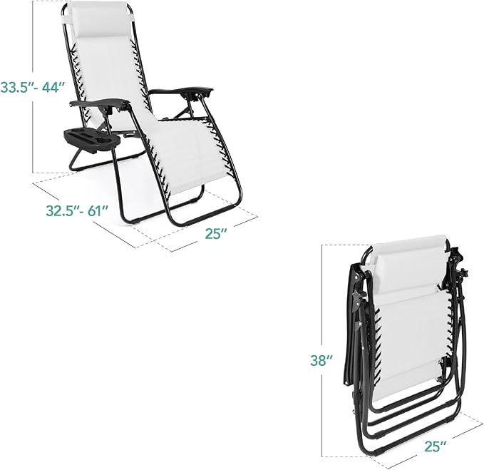 Best Choice Products Set of 2 Adjustable Steel Mesh Zero Gravity Lounge Chair Recliners w/Pillows and Cup Holder Trays - Snow/Black