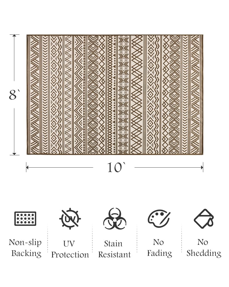 Outdoor Rug Carpet 8x10 ft, Flatweave Textured Outdoor Patio Rug Non Slip Indoor Outdoor Rugs with Rubber Particles Backing Boho Outdoor Area Rug for Patio Deck Front Porch Backyard Balcony, Brown