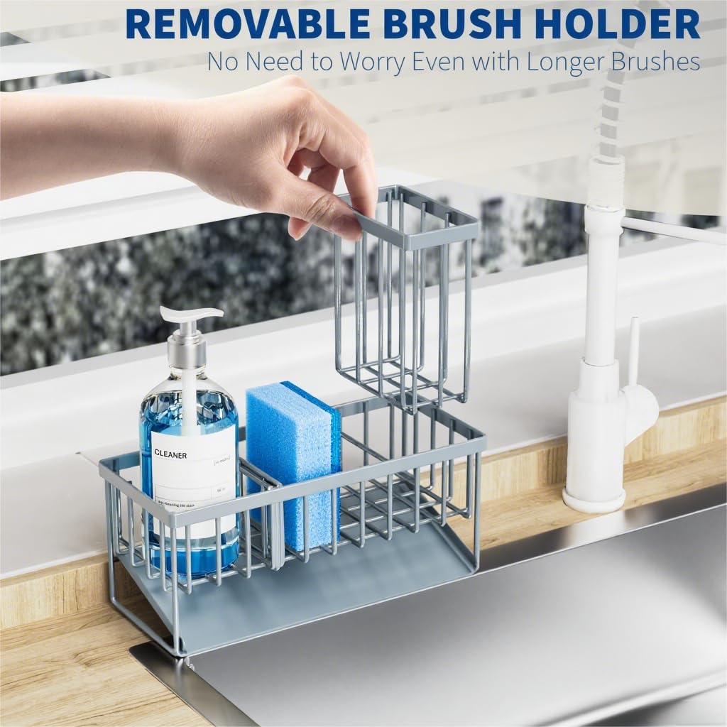 Cisily Kitchen Sink Caddy Organzier with High Brush Holder, Sponge Holder for Sink, 304 Rustproof Stainless, Kitchen Countertop Soap Dispenser Organizer, Kitchen Decor and Accessories
