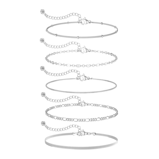 Dainty 14K Silver Plated Bracelets for Women Trendy - Waterproof Stackable Bracelet Set - Perfect for Stylish Women