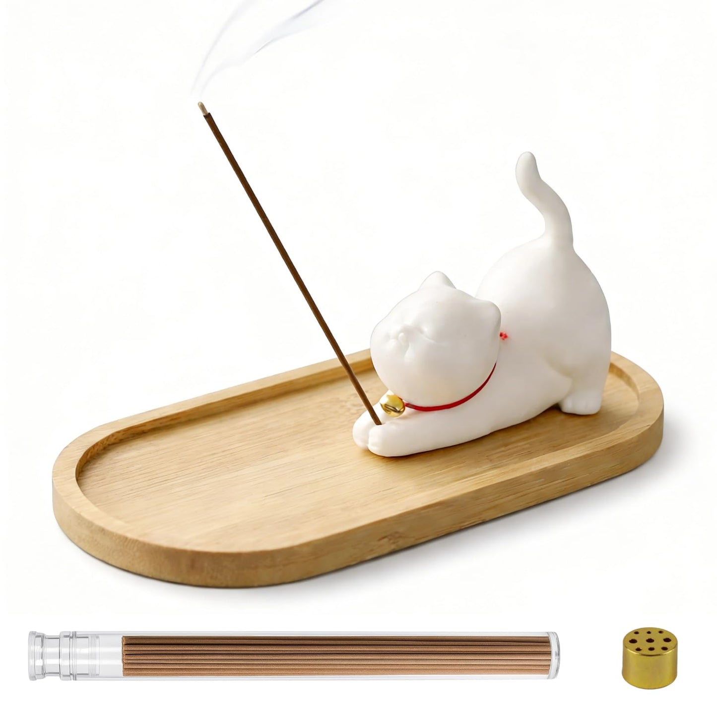 Cute Ceramic Cat Incense Holder Set with Bamboo Ash Tray and Sticks, Handmade Cat Incense Burner Incense Holder for Sticks for Yoga Spa Meditation Massage Home Office Desk Decor Zen Space Gifts