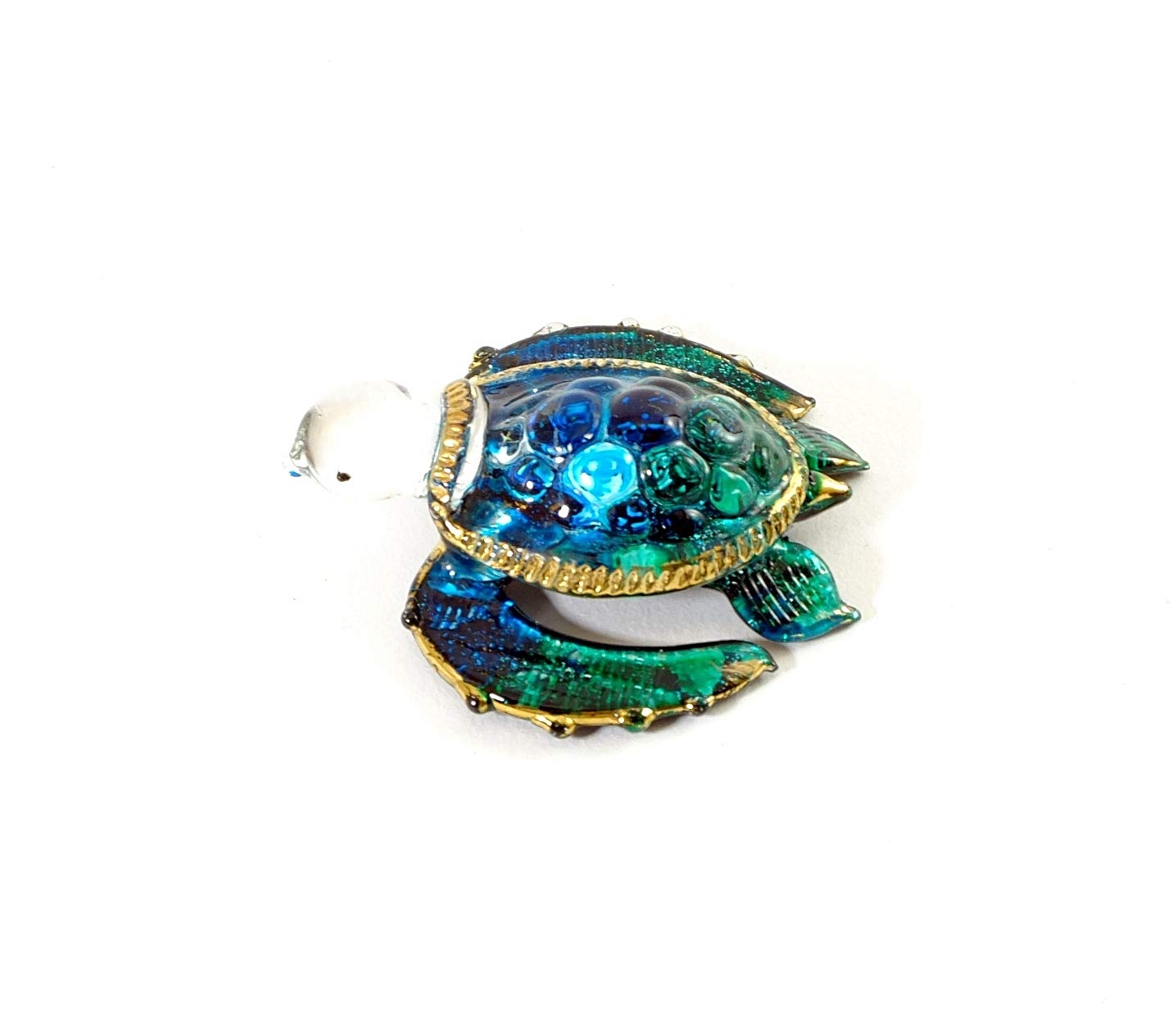 Handmade Mini 2" Blown Glass Sea Turtle Figurine Art, Cool Stuff, Miniature Animals, Home or Garden Decor Gift Ideas (Ocean Blue with 22k Gold Accents)