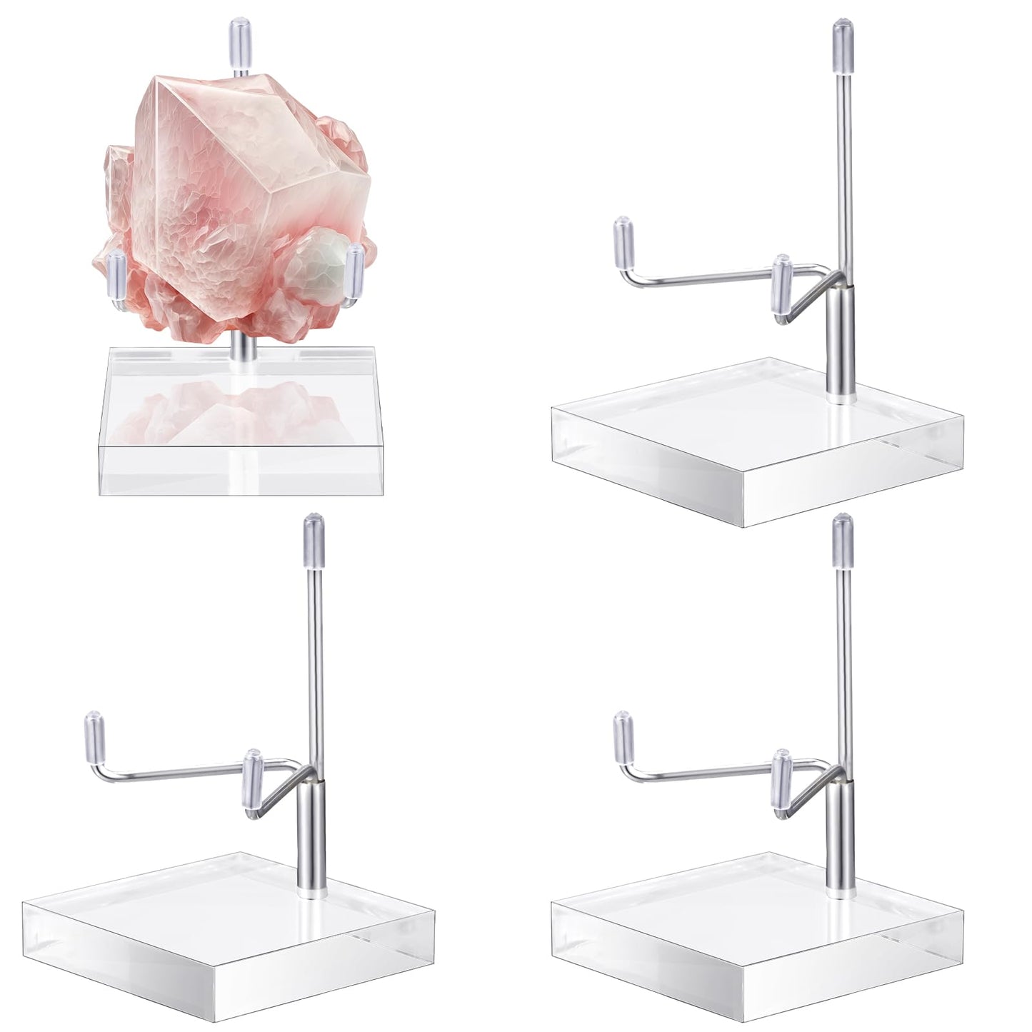 Suzile 4 Pcs Adjustable Metal Arm Display Stand Easel with Acrylic Base Rock Display Easel Holder Acrylic Crystal Clear Plate Stand for Geodes Mineral Agate(Silver,2.8 x 2.8 x 4 Inch)